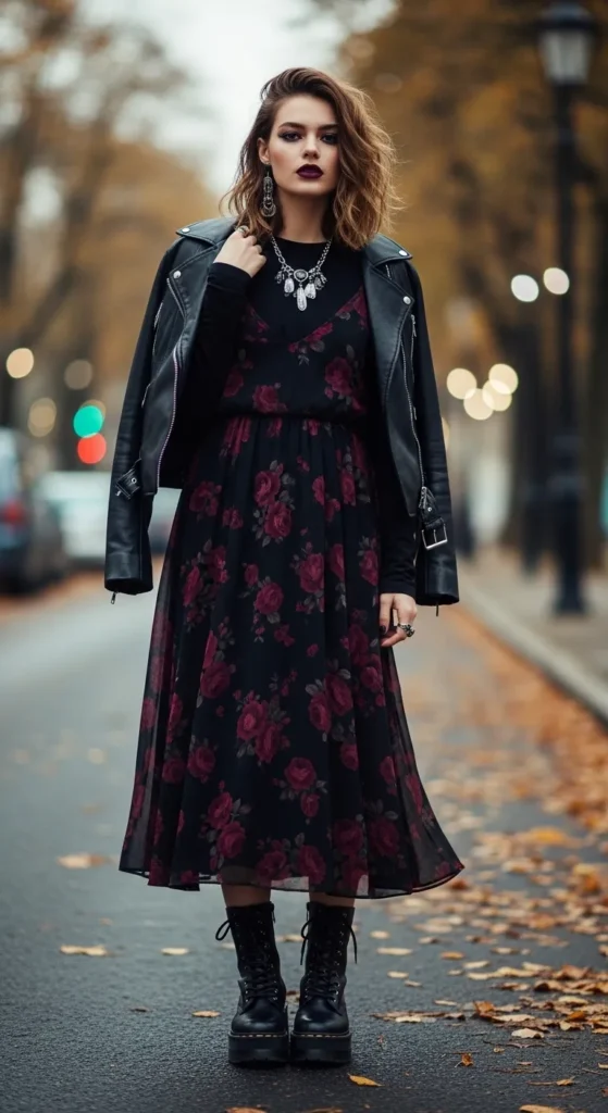 Dark Floral Dress and Combat Boots