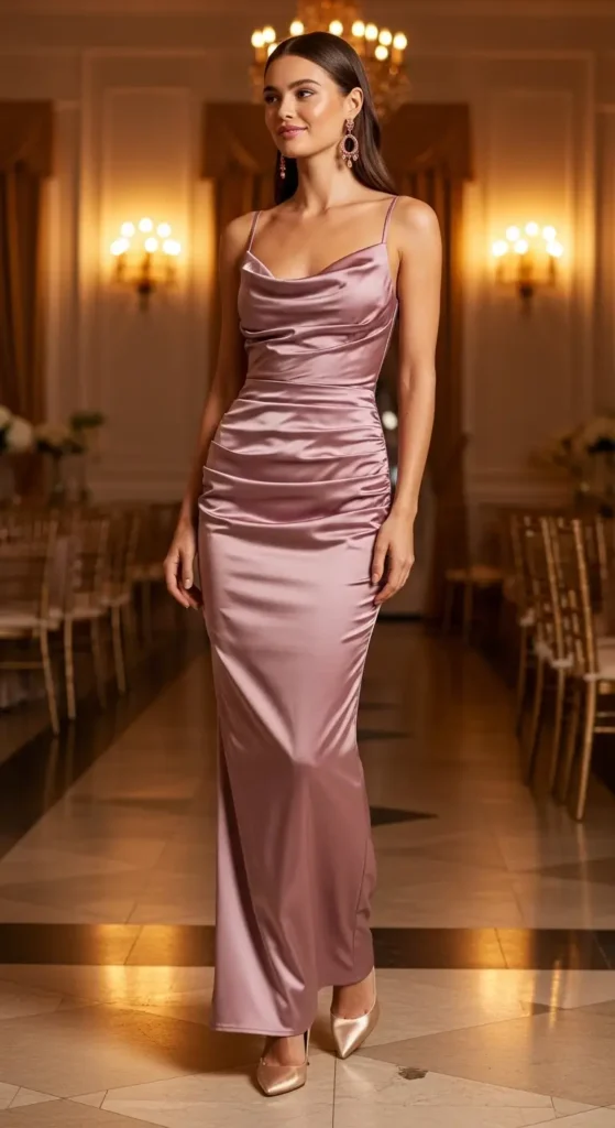 Mauve Ruched Satin Gown
