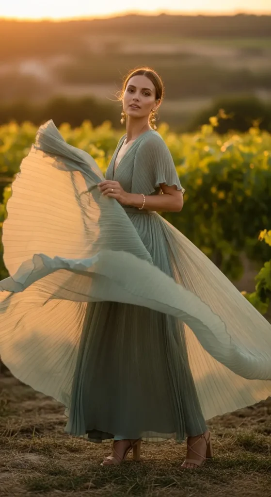 Green Pleated Chiffon Gown