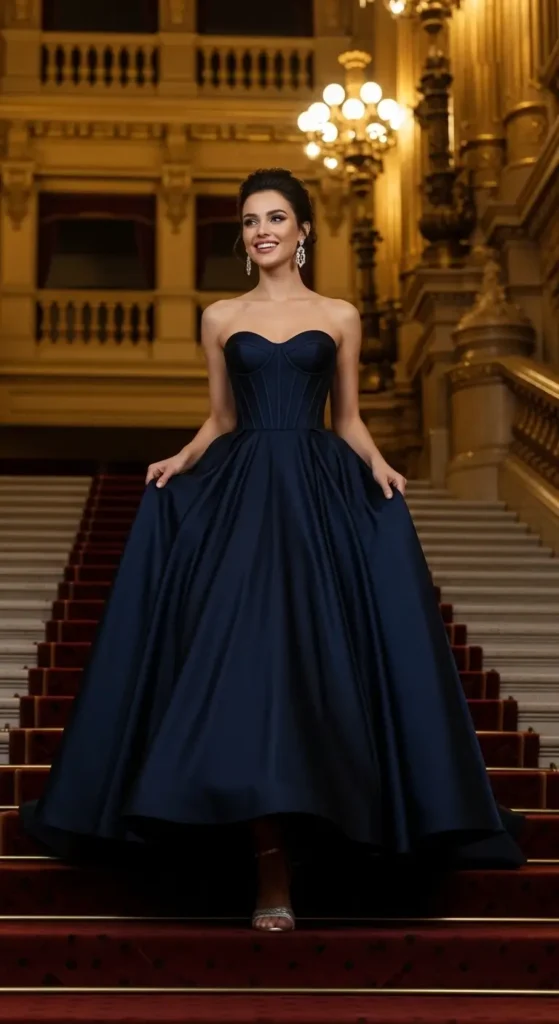 Midnight Blue Strapless Bustier Gown