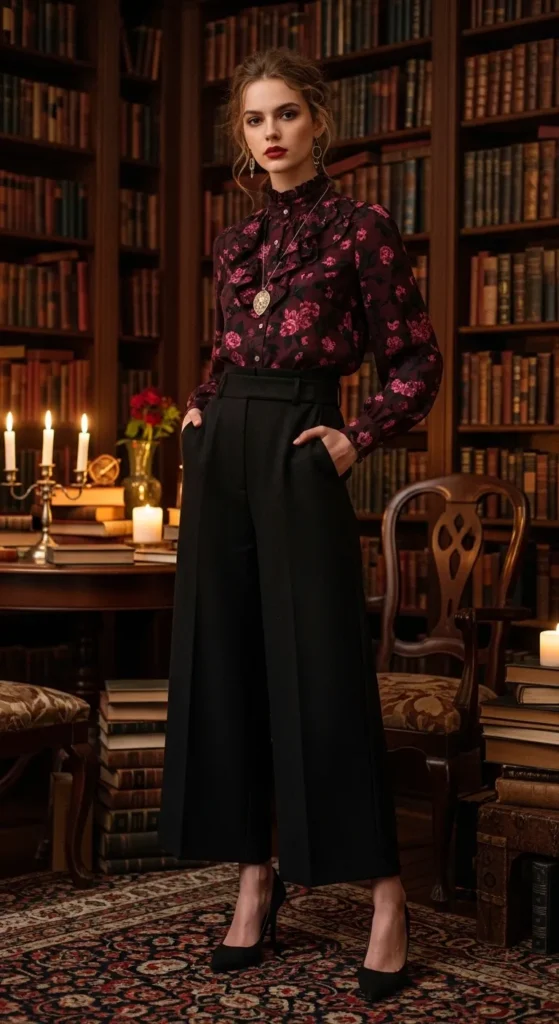  Floral Blouse and High-Waisted Trousers
