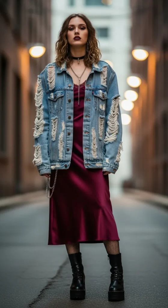 Ripped Denim Jacket Over a Slip Dress
