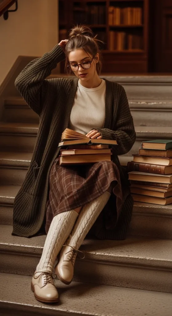 Knit Cardigan, Midi Skirt, and Knee-High Socks