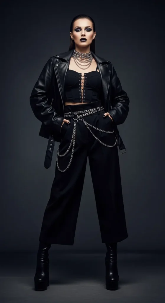 Black Corset Top and Wide-Leg Trousers