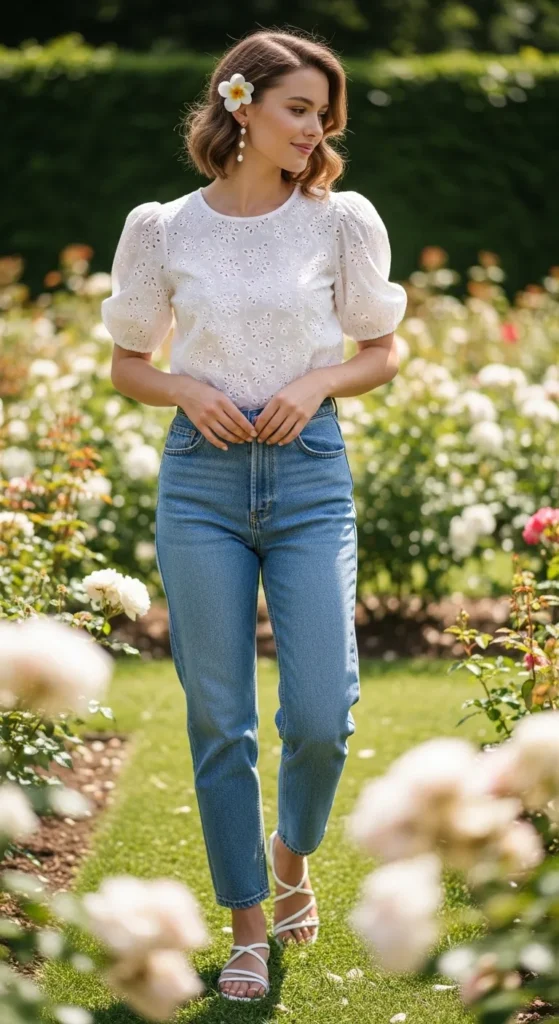 Leg Jeans and a Broderie Blouse