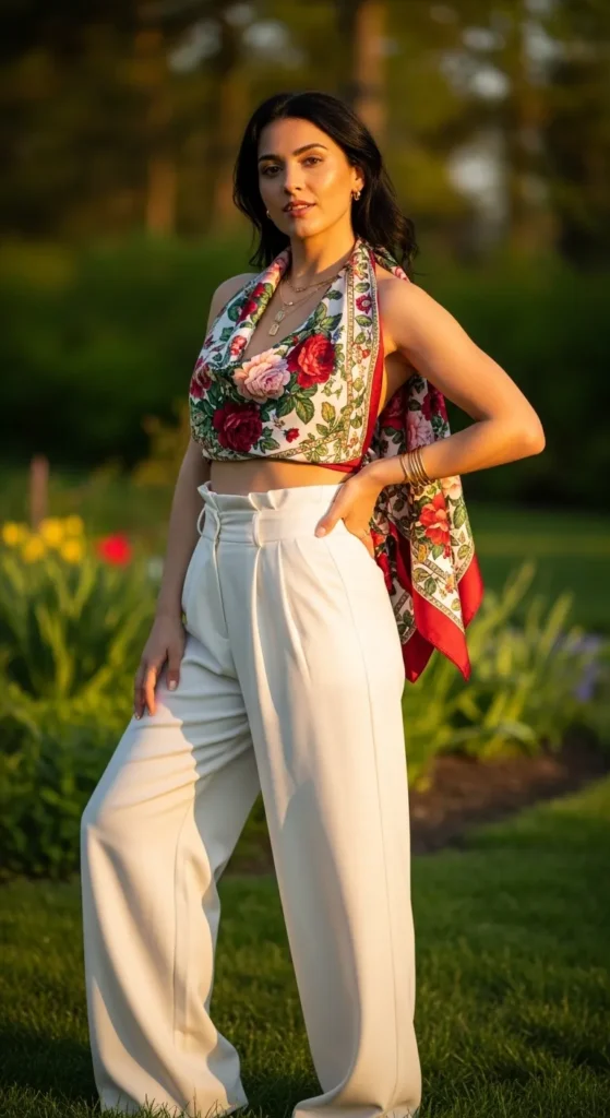  An Embroidered or Printed Silk Scarf Worn as a Top
