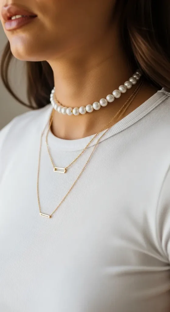 Layered Pearl and Gold Necklaces