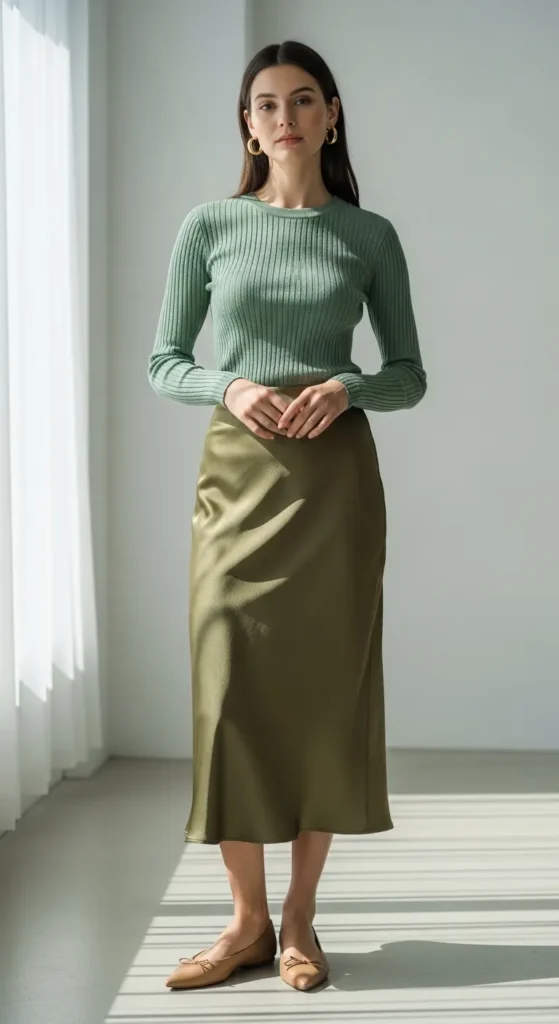 Slip skirt with ribbed knit top outfit — sage green knit tucked into olive satin midi slip skirt