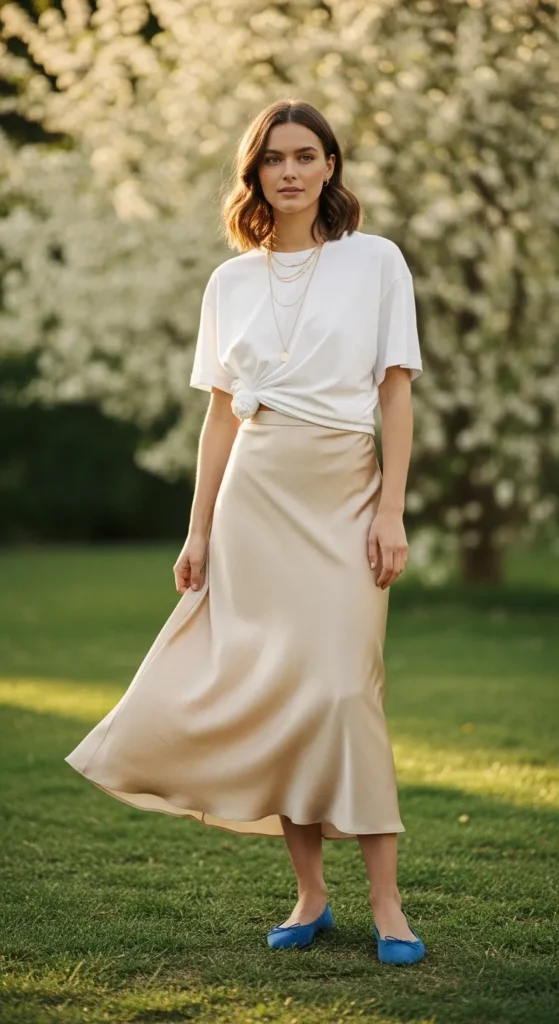 14 slip skirt outfit ideas for women — champagne satin midi slip skirt with oversized white tee and cobalt ballet flats