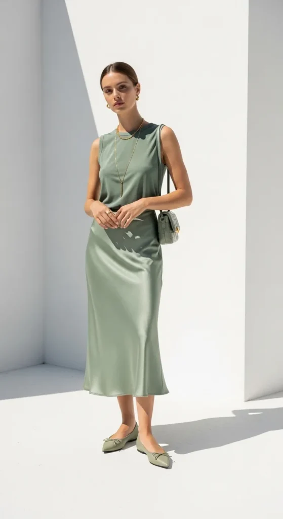 Minimalist slip skirt outfit — sage green tonal satin slip skirt with matching fitted top and pointed toe flats