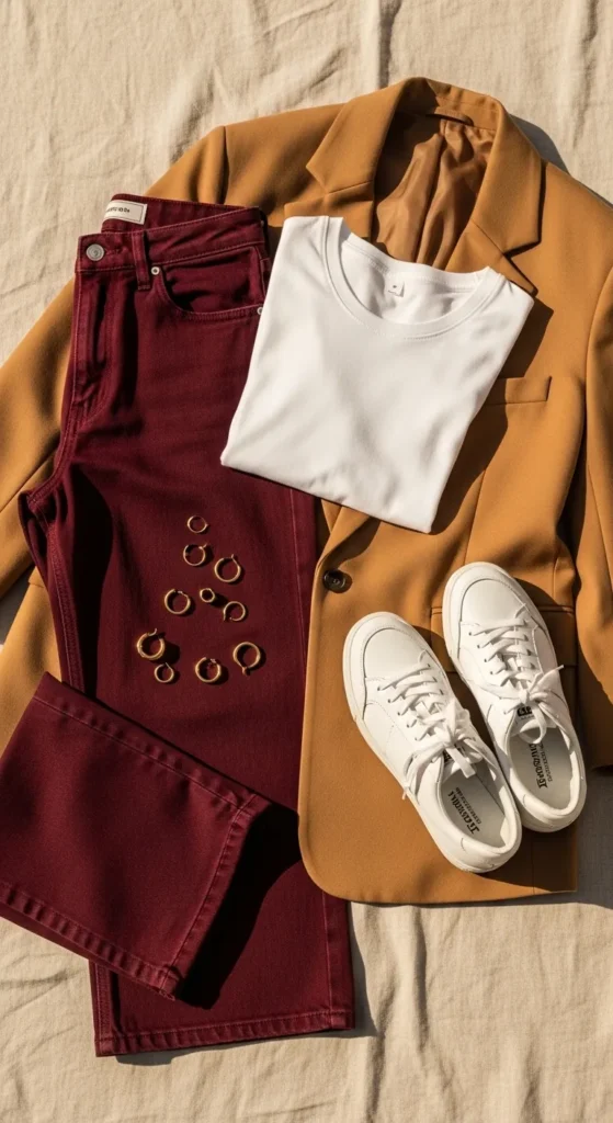 Burgundy wide-leg jeans with camel blazer and white trainers outfit