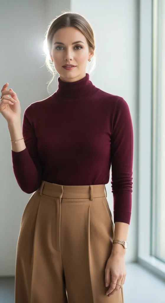 Burgundy turtleneck with camel wide-leg trousers and tan loafers