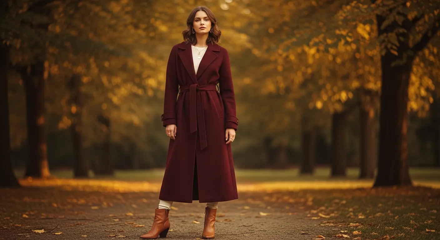 12 burgundy outfit ideas for women — burgundy wool coat over cream outfit with tan ankle boots