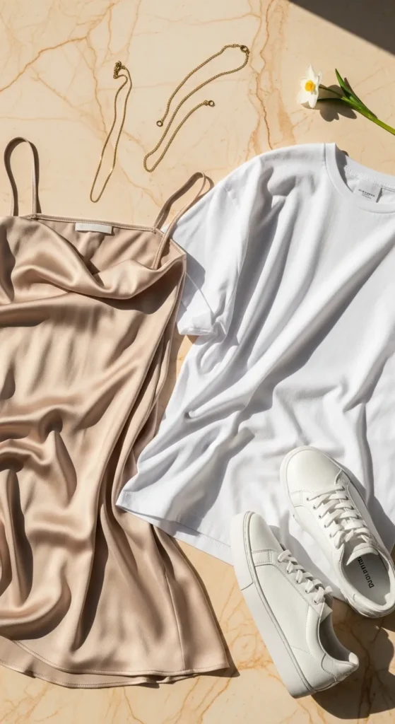 Slip skirt outfit idea — champagne satin slip skirt with oversized white tee and white trainers