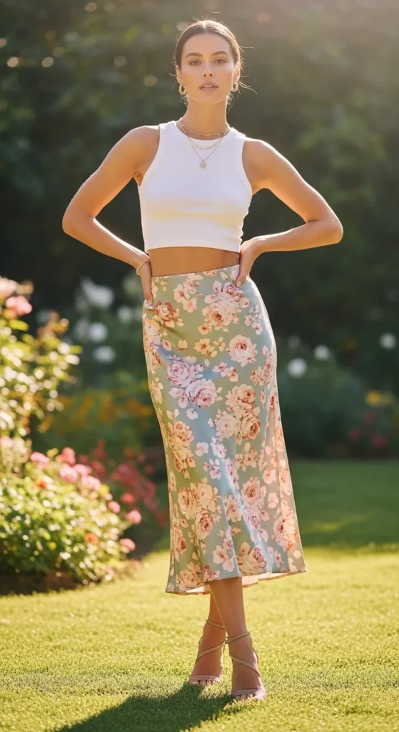 Slip skirt with crop top outfit — floral satin slip skirt with white fitted crop top and strappy heeled sandals