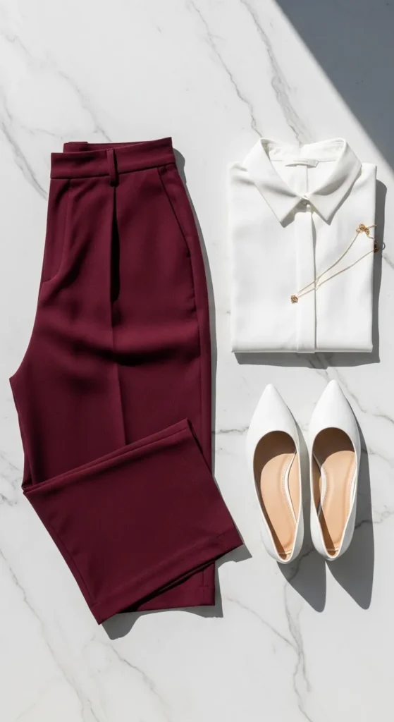 Burgundy wide-leg trousers with white blouse and pointed-toe flats