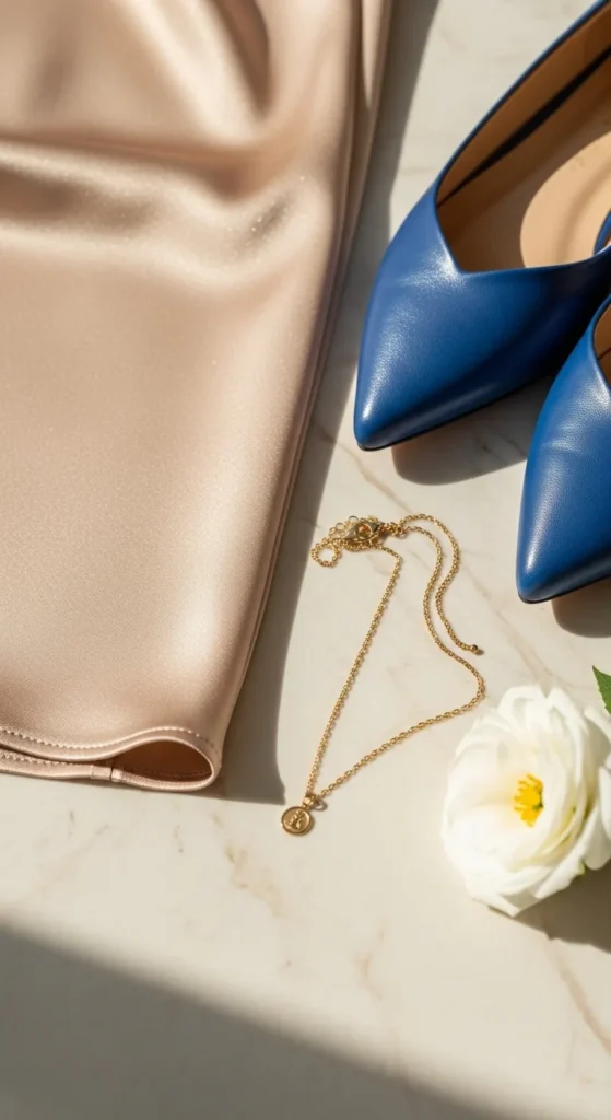 Slip skirt with ballet flats — champagne satin slip skirt paired with cobalt blue pointed toe ballet flats