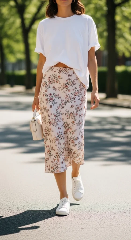 Slip skirt with white trainers outfit — floral midi slip skirt with oversized white tee and white leather trainers