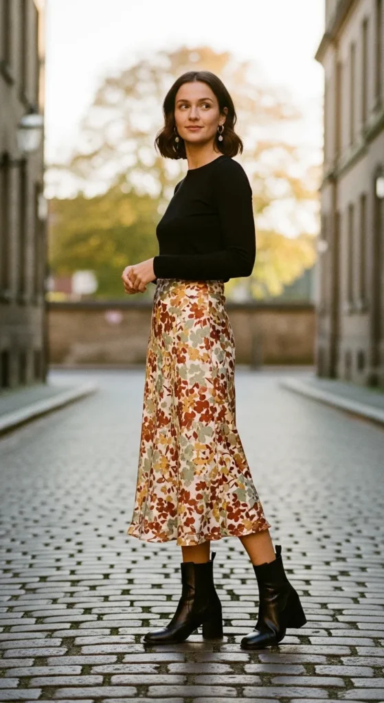 Slip skirt with ankle boots outfit — floral midi slip skirt with black leather block heel ankle boots