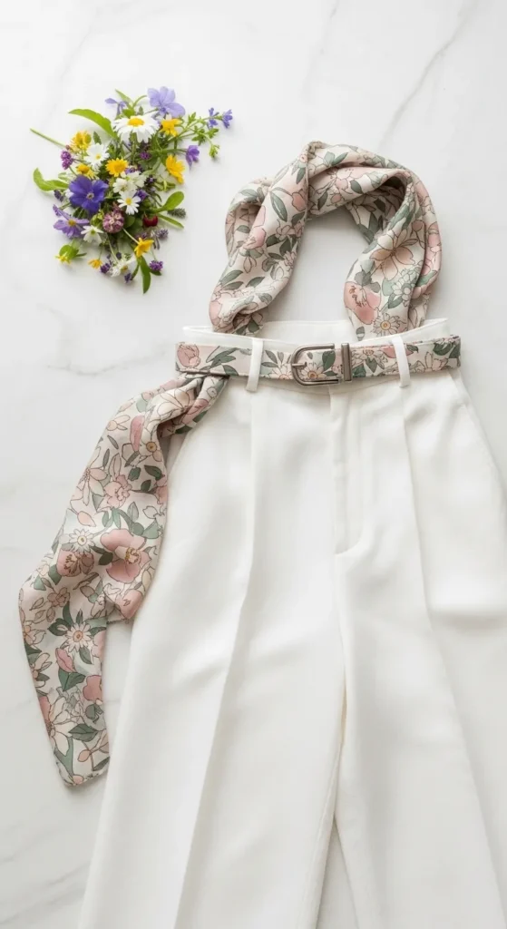 A Light Floral Printed Scarf as a Belt