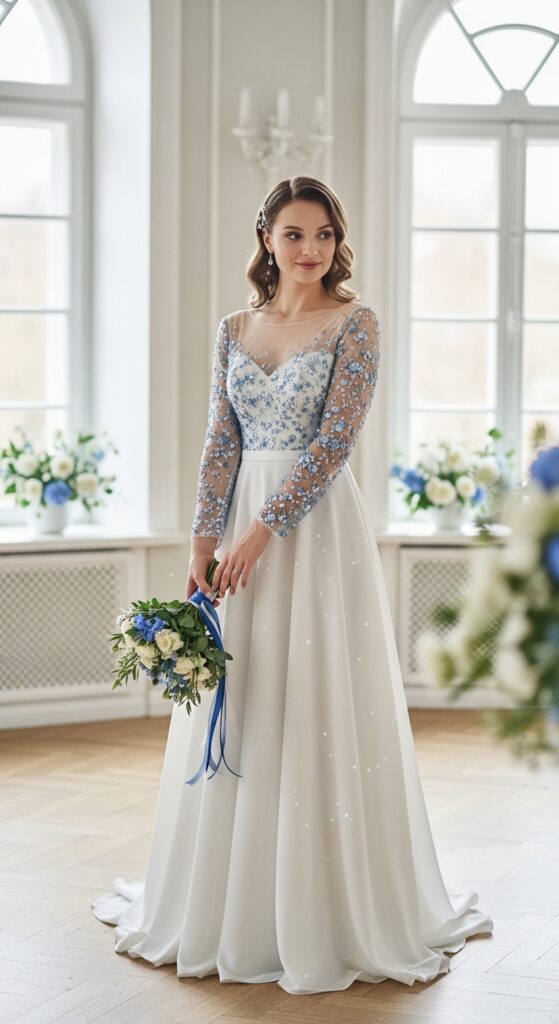 Sheer Blue Sequin Sleeve Wedding Dress