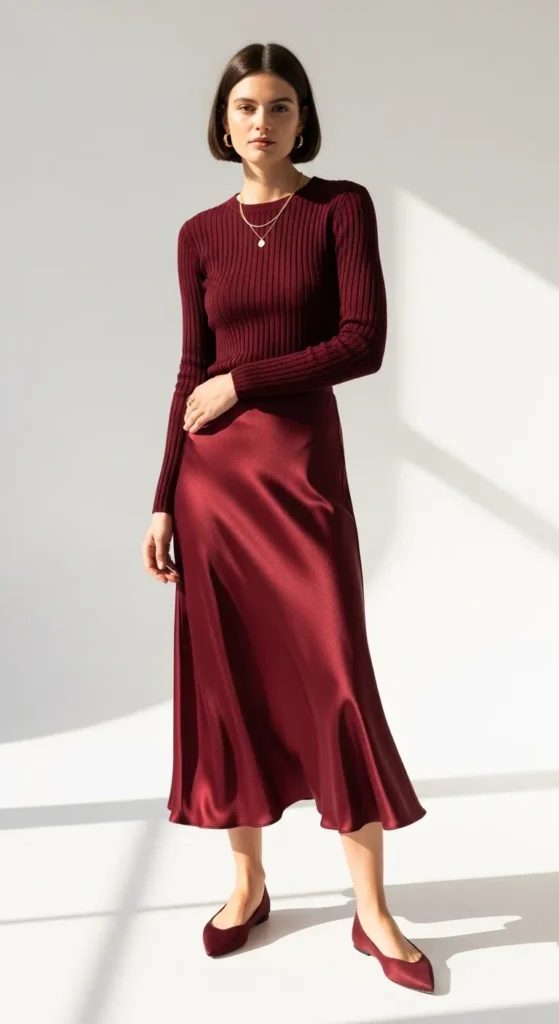 Monochrome burgundy outfit — ribbed knit top with satin midi skirt