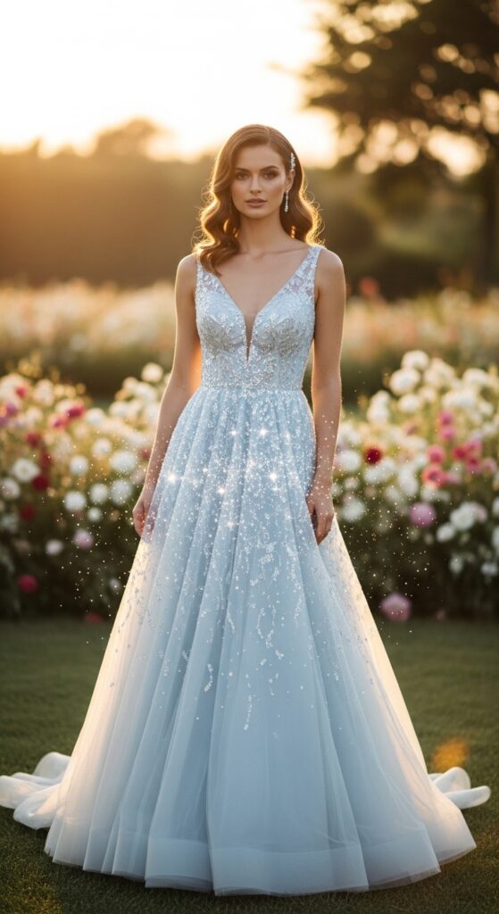  Soft Blue Sequin A-Line Wedding Dress
