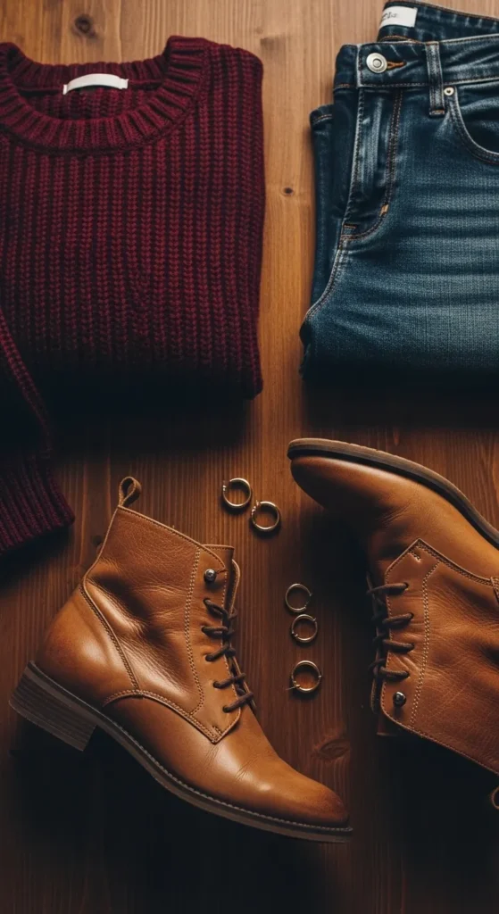 Burgundy knit jumper with straight-leg jeans and tan ankle boots outfit