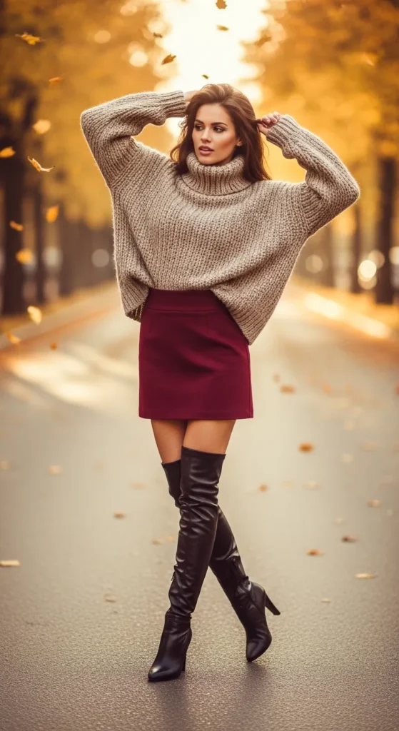 Burgundy mini skirt with oversized oatmeal knit and black knee-high boots
