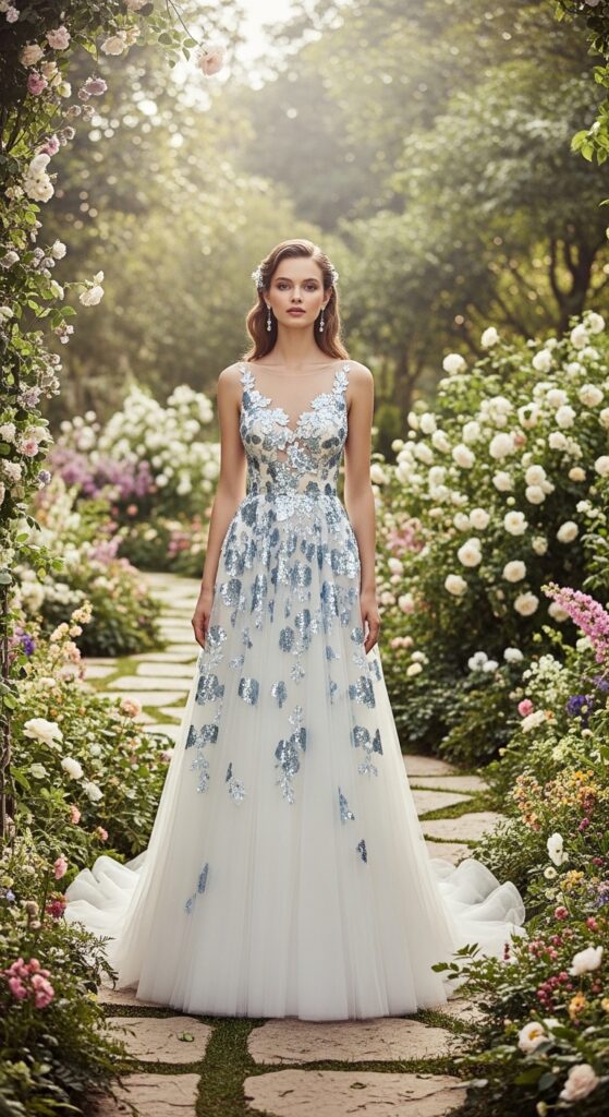  Blue Sequin Floral Appliqué Dress