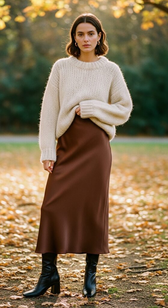Slip skirt with knit jumper outfit — cream chunky knit tucked into chocolate brown satin slip skirt with ankle boots