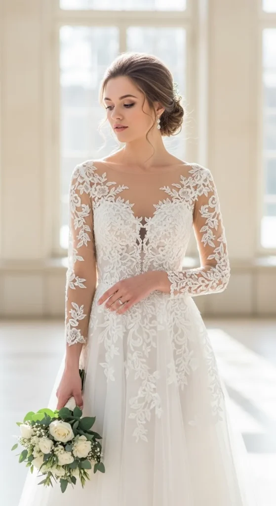  Illusion Lace Sleeve Wedding Dress