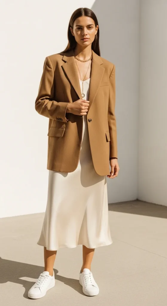 Slip skirt and blazer outfit — cream satin slip skirt with camel tailored blazer and white trainers