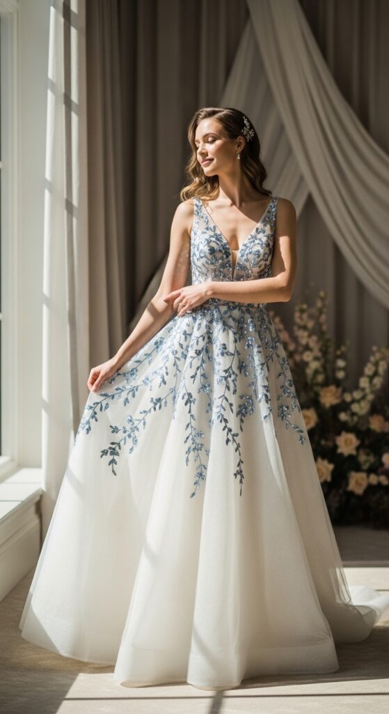 Ivory Gown with Blue Sequin Embroidery