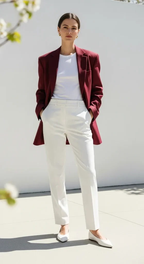 Burgundy blazer over all-white outfit with white ballet flats