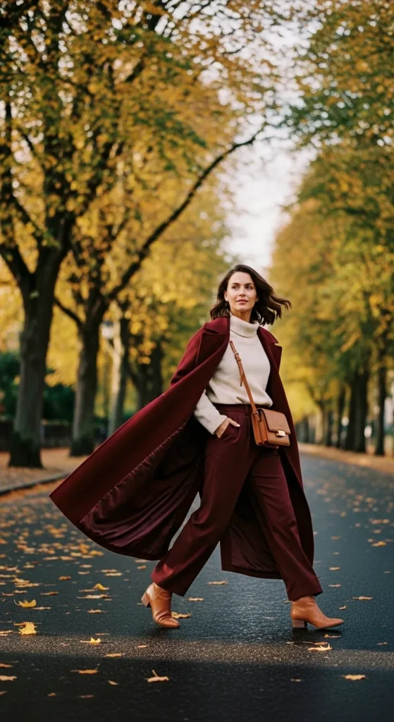 Burgundy longline wool coat over cream outfit with tan ankle boots
