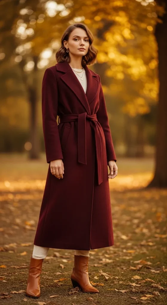 12 burgundy outfit ideas for women — burgundy wool coat over cream outfit with tan ankle boots
