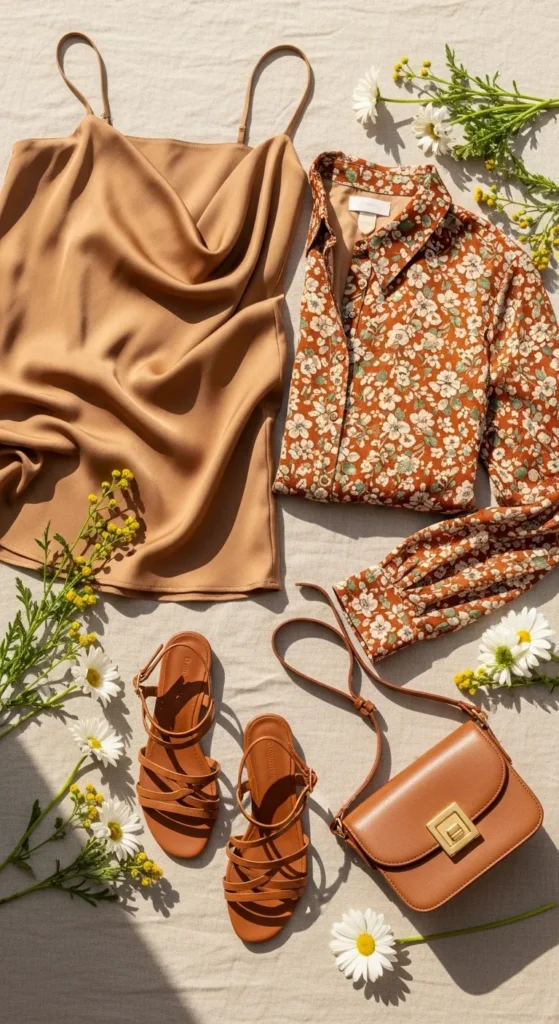 Slip skirt with printed blouse outfit — camel satin slip skirt styled with rust floral blouse and tan sandals