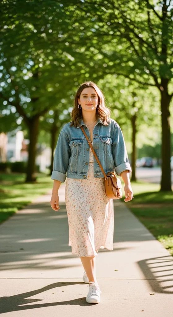 Slip skirt and denim jacket outfit — floral midi slip skirt with cropped light wash denim jacket and white trainers
