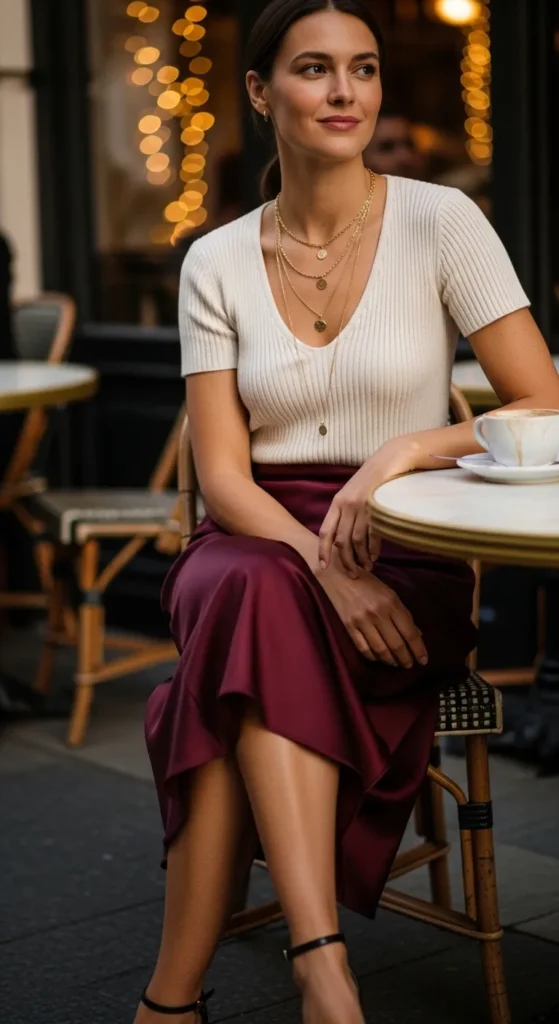 Burgundy satin slip skirt with cream ribbed knit and gold necklaces