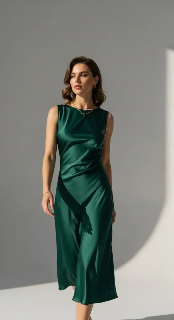 Forest Green Silk Midi Dress