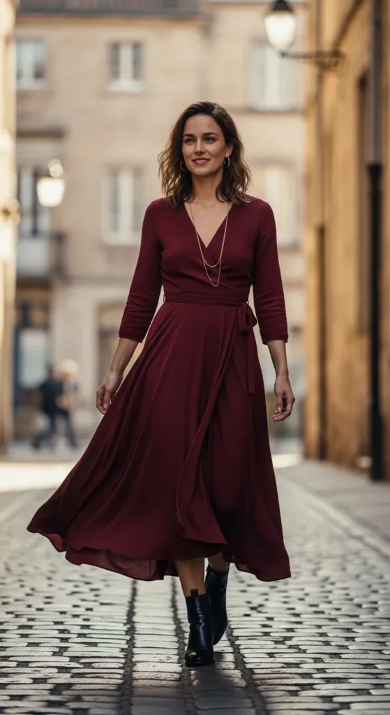 Burgundy wrap midi dress with black ankle boots autumn outfit