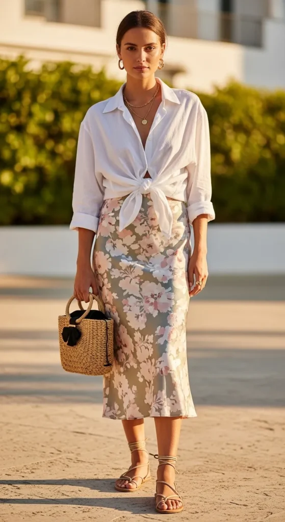 Slip skirt with linen shirt outfit — floral slip skirt with knotted white linen shirt and strappy sandals