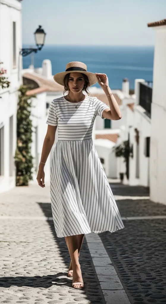 White and Navy Stripe Midi Dress
