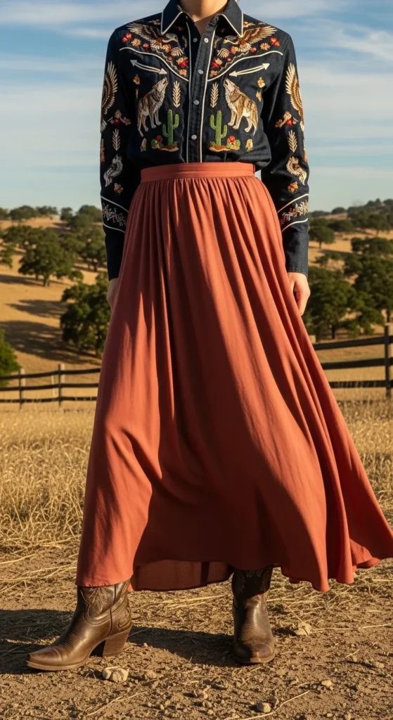 Embroidered Western Shirt Tucked into a Maxi Skirt