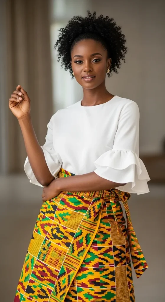 Kente Cloth Wrap Skirt with White Blouse
