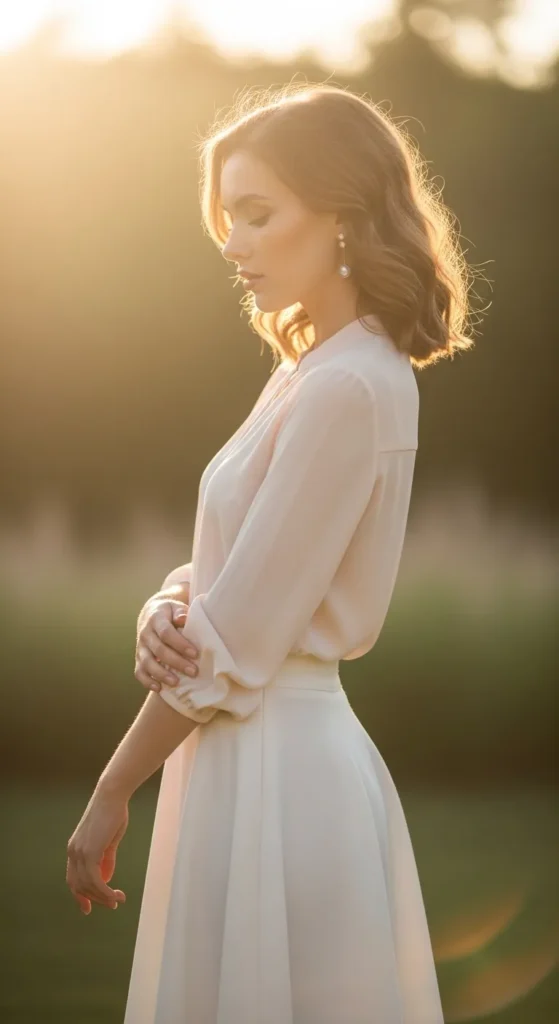The White Midi Skirt and Feminine Blouse Romantic Look
