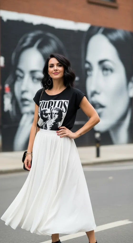 The White Midi Skirt and Graphic Tee Contemporary Look