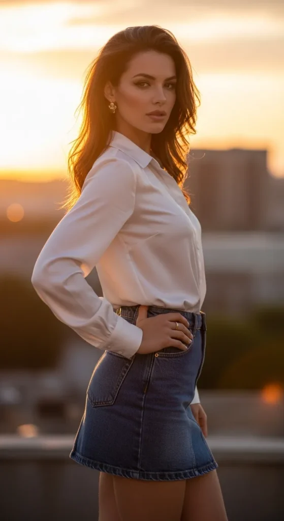 The Denim Mini and Silk Blouse Contrast Look