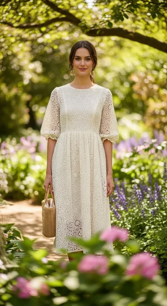White Broderie Anglaise Midi Dress